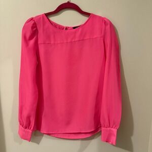 J. Crew Bright Pink Puff Sleeve Keyhole Back Blouse Womens Size S
